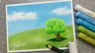 들판에 서있는 외톨이 나무 | Oilpastel Painting on postcard (lonely tree)