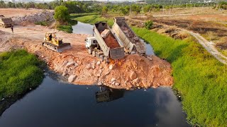 Amazingly Really!! Superb Operator Bulldozer Push Stone Construction Road Crossing Canal Connecting