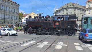 Setkání parní lokomotivy 433.001 s parní tramvají Caroline v Brně 24.6.2017