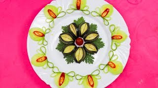 Artistic Cucumber Lotus & Eggplant Flower Carving Idea– Tomato & Chilly Food Decorations & Designs