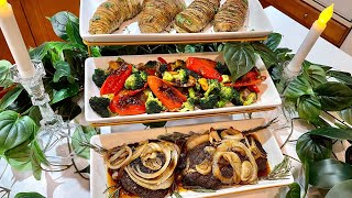 Grilled Steak, Hasselback Potatoes & Garlic Butter Vegetables  Recipe - Sumptuous😋 #dinnerrecipe