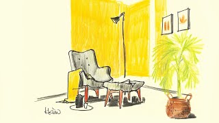 Pen and colourpencil) draw a sofa in yellow room _ 노란 벽 앞 소파 그리기