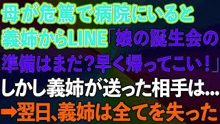 【スカッとする話】母が緊急搬送され病院にいると、義姉からLINE「娘の誕生会の準備はまだ？早く帰ってこい！」しかし義姉が送った相手は   →翌日義姉は全てを失った