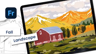 Fall landscape with Vector Jitter and Outline Brushes in Adobe Fresco