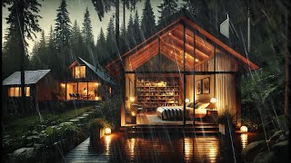 a tranquil evening scene in a rainy forest hut