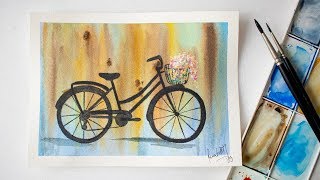 Watercolor BICYCLE painting on the rusty background - EASY for beginner + FREE sketch