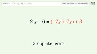 Linear equation with one unknown: Solve -4y-(5y+6)=-7y+3 step-by-step solution