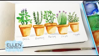 Sketchbook Painting Ideas/ Potted Herbs Watercolor/ Art Therapy / Step by Step/Anxiety relief