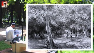 How To Draw Landscape With Pencil Sketch | Learn Trees Landscape Drawing Sketching Shading Tutorial
