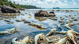 A beautiful woman went to the beach and found a school of shrimp on the rocky beach