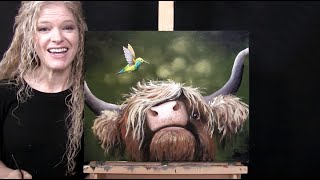 Learn How to Draw & Paint HUMMINGBIRD AND HIGHLAND COW with Acrylics-Paint & Sip at Home- Art Lesson