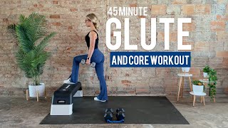 45 Minute Glute Focused At-Home Workout | Dropsets and Burnouts | Booty Core Quads | Band DBs Bench