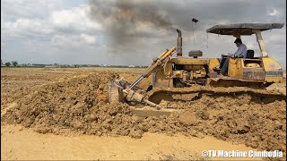 Komatsu bulldozer pushing moving with 10 wheels truck dumping dirt អាប៊ុលរុញដី