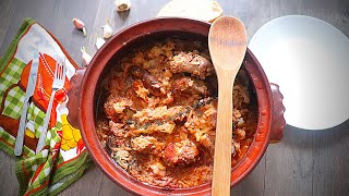 Meat cooked in clay baking / Bulgarian Food from Bansko /Kapama is a typical Bulgarian dish