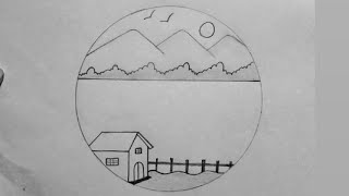 বৃত্তের ভিতর গ্রামের দৃশ্য আঁকা | Draw a village scene in circle