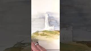 Watercolor Lighthouse using a flat wash brush!