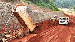 Professional Bulldozer Skills! Shaping Leveling Surface Mountain Road Slope On Red Dirt