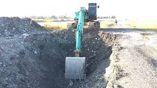 The Biggest Kobelco Excavators 380 Working Excavation Canal On Construction.