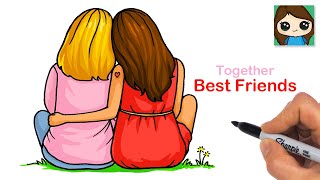 How to Draw Girl Best Friends Hugging and Sitting Together