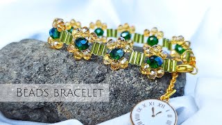 DIY beaded bracelet/ beautifull green in gold rondelle crystal & seed beads bracelet tutorial easy