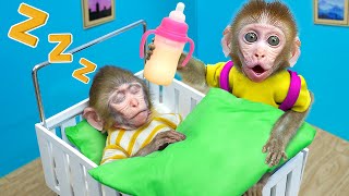 KiKi Monkey take care with Giant Bottle of Milk and bath with Duckling in toilet | KUDO ANIMAL KIKI