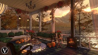 Autumn Porch Sunset Ambience | Calm Lakeshore, Firepit & Forest Nature Sounds