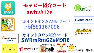 モッピー　ポイントインカム  ワラウ  ECナビ ライフメディア  ハピタス   ちょびリッチ ポイントタウン  げん玉 Tポイント ポイ活   ポイントサイト　陸マイラー 2024年12月20日