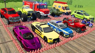 TRANSPORTING CAR GAME, CAR BALLS, AMBULANCE, POLICE CAR GAME, FIRE AND MONSTER TRUCK OF COLORS!-FS22