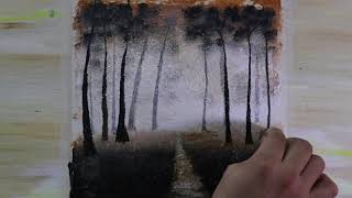 Cayendo la noche en el bosque / Técnica de pintura con papel aluminio / Pintar paisaje con acrílico