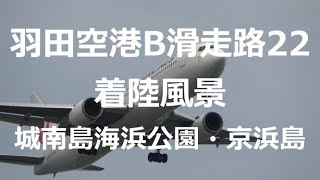 京浜島・城南島海浜公園から羽田空港B滑走路22への着陸を望む