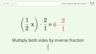 Linear equation with one unknown: Solve 1/2x=6 step-by-step solution