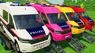POLICE CARS OF COLORS ! TRANSPORTING COLORED POLICE MINI BUS WITH TRUCKS - Farming Simulator 22