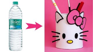 How to make Pen Stand from Plastic Bottle|DIY Hello Kitty Pen Stand|Best Out of Waste|School Project