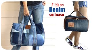 2 Ideas Transform scrap old jeans  into suitcase tutorial , How to sew  travel bag from jeans scraps