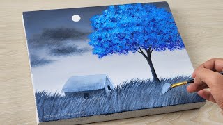 Blue Tree | Easy Painting | Moonlight Night Acrylic Painting