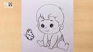 Cute Baby with big Butterfly pencildrawing scenery@TaposhiartsAcademy