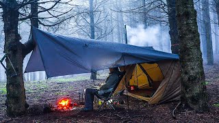 Hot Tent & Tarp Set Up Camping in Heavy Rain