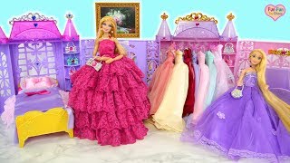 Princess doll Room Barbie Rapunzel Morning Dress up Kamar tidur boneka Barbie Vestido de princesa