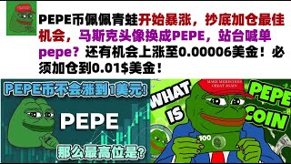 PEPE币佩佩青蛙开始暴涨，抄底加仓最佳机会，马斯克头像换成PEPE，站台喊单pepe？还有机会上涨至0.00006美金！必须加仓到0.01$美金！#PEPE币#meme币#佩佩币行情分析！