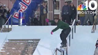 Shredding at Boston City Hall: Snowboarders ride rails in Red Bull show