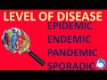 Level of disease: epidemic, endemic, pandemic, sporadic disease