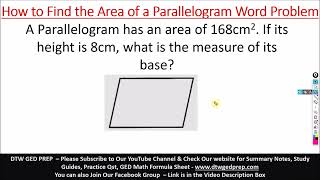 Area of a Parallelogram Word Problem - GED Math Test Crash Course