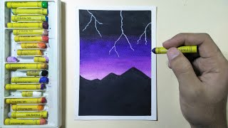 Easy Oil Pastel Tutorial for Beginners | Night Thunderstorm | Lightning