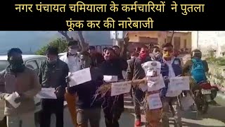 नगर पंचायत चमियाला के कर्मचारियों  ने पुतला फूंक कर की नारेबाजी