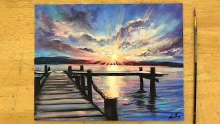 HOW TO PAINT SUNSET BY THE DOCK 🎨 STEP BY STEP ACRYLIC TUTORIAL