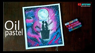 Couple Moonlight scenery drawing with Oil Pastels - step by step
