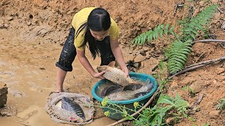 The orphan girl raises fish in a pond to sell to everyone.