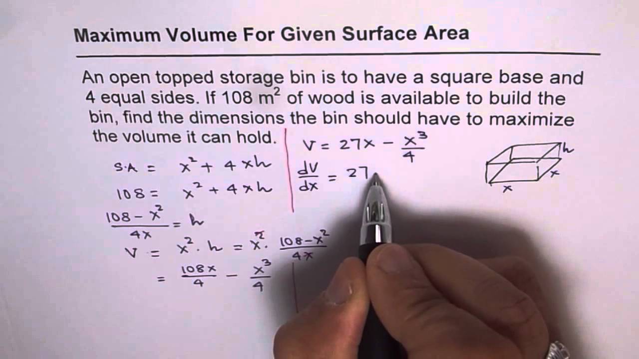 19 Maximum Volume Given Surface Area Youtube