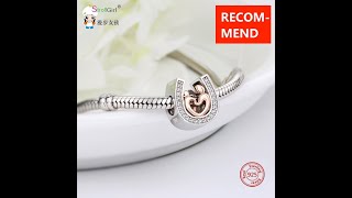 925 Sterling Silver Beads Horseshoe Cz Mom and Kid Charms Fit Diy Original Pandora Bracelet Beads