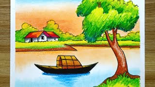 sunset village scenery drawing/গ্রামের দৃশ্য আঁকা ও রং করা/landscape drawing and colour/দৃশ্য আঁকা